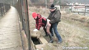Fuck teen bangs oldie in public