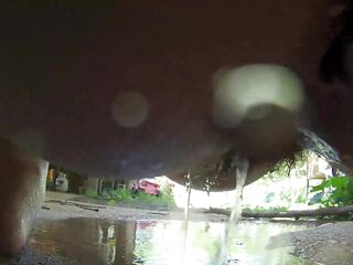 Chunky cutie peeing on security camera outside soaked bushy cunt pissing on feet