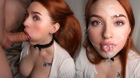 A Scarlet-Haired Beauty Gives a Messy Saliva-Filled Blowjob; Expert Mouth Brings You Pleasure