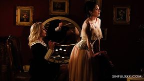Lesbian MILF helps vintage beauty take off her heavy dress and relax on her tongue