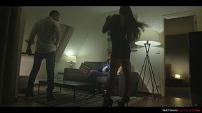 hot brunette mea melone lets ian scott & antonio fuck all her holes on the couch