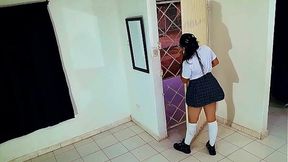 College girl in uniform throats an unknown courier