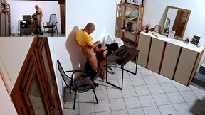 horny secretary masturbates and ends up having sex with a client who was harassing her at the reception