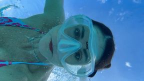 Red sheer flowing skirt, hibiscus bikini, and underwater!