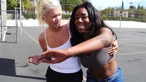 hot black babe and pretty blonde finger each other in the pussy and ass and make out