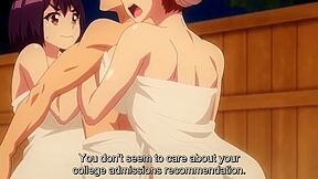 The two of them are rubbing against each other and thrusting into the big-breasted teacher and ejaculating.