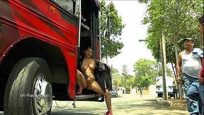 Public pussy flashing with a Latin babe