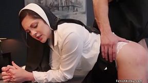 Priest spanks and fucks bent-over nun, stepsis join for fun