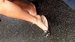 Amateur Businesswoman Dangles Her Candid Ballerina Shoes In Public
