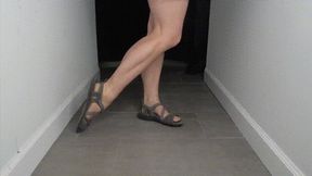 Muscular Calves Show Off in Grey and Purple Sandals-Open Toed Flats-Calf Muscle Fetish WMV 1080