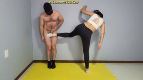 592 Sylvana ballbusting Slade's testicles using her fitness outfit
