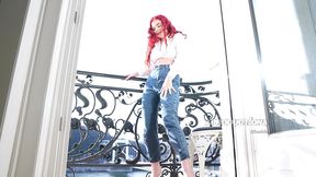 wetting jeans and smoking on balcony
