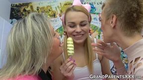 Old School Strap-On Squirting Duo Devours Young Lesbianna Cutie