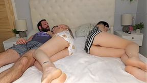 Stepdad pleasures stepdaughter; wife watches and gets cumshot