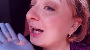 Food Fetish: Mukbang. Eating Popping Candy in Nitrile Medical Nurse Gloves. Teeth Mouth Fetish.