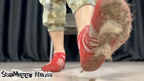 Big Rough Smelly Feet in Hair after haircut - Stinky Red Socks, Foot Slave Training, Wrinkled Calloused Soles, Male Domination