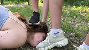 loser slave girl service two mistresses asses and kiss their dirty sneakers outside