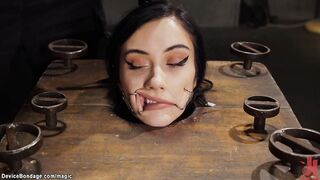 Thin slave tormented on device bondage