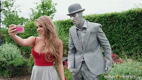 Hungry girl sucked Thick Cock of a Living Statue before dirty Outdoor Sex