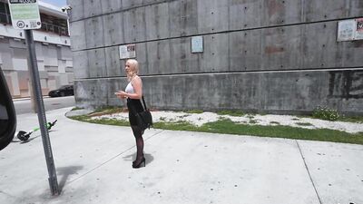 Blonde businesswoman MILF with big tits sucking and fucking her young lover in public