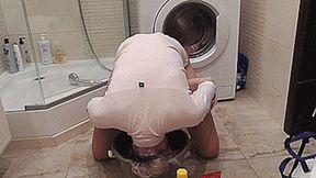 Blondie washes her hair in a big bucket! MP4