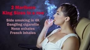 Side smoking in 4K - Dangling cigarette - Nose exhales - French inhales - 2 Marlboro King Sizes in a row