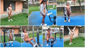 Playing in the park on the fitness machines naked