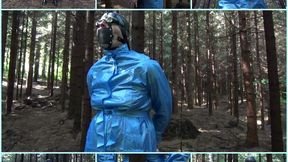Handcuffed to a tree in a blue raincoat