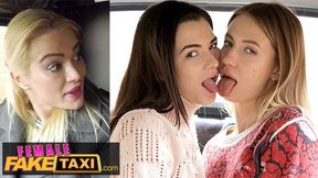 Three gorgeous girls get wild in a cab, wielding dildos like pros
