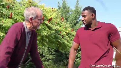Old man watches as his wife is taking a big black cock
