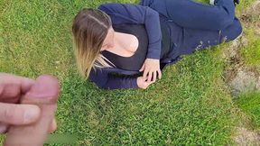 man flashes cock in public and cumshot near blonde girl