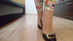 Crossdresser Walks in Sexy Black Leather Pointed Toe High Heels by Rosa Shoes