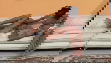 Whinning adult wearing a diaper is calmed by his milf's strapon