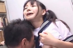 Sloppy brunette Jap slut chokes on dick in school library