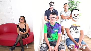 First day at FAKings! Asian-looking Beth makes her porn debut with several dudes