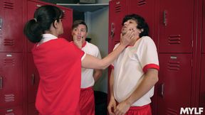 PE teacher Spencer Bradley femdom fucks 2 boys in locker room
