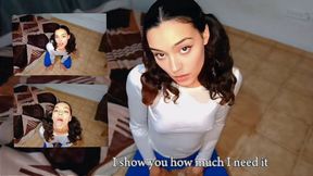 Sexy Latina girl on her knees asking you to fill her mouth with milk