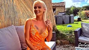 Nasty slut with fake tits fucks outdoor and craves for portion of cum