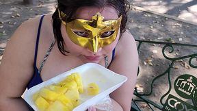 i suck my man s ass, cock and balls, extract a lot of cum and eat it with pineapple in public