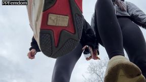 you have to lick the dirty sneakers of two girls after chasing them while looking at their butts