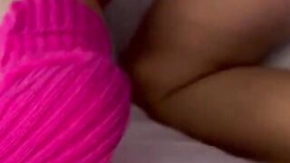 Sweet Butt Unshaved Twat from Behind inside Pink Pants Crotchless