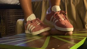 Coral Adidas Gazelle shoejob on Cockbox by Mistress Monica