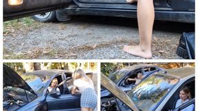 Alina and Lucy compete in revving old car engines barefoot