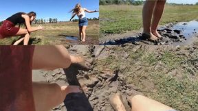Lucy and Nastya having fun walking in the ankle deep mud