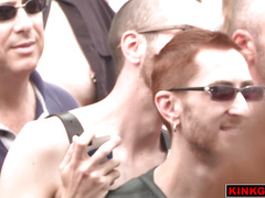Dude gets his balls crushed in public during a crazy BDSM show!