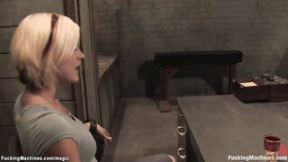 Blonde fucks machine in her office