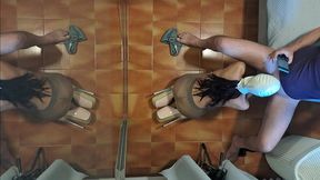 milf in pantyhose and high heels gives a blowjob on her knees with cum swallowing