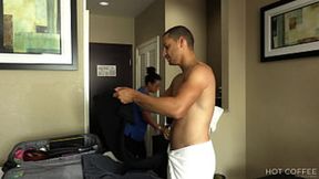 ROOM SERVICE! Busty Latina enjoys doggie style with a guest, spraying on his chest