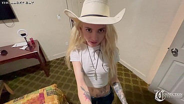 Buckle Bunny Lola Fae gives Cowboy The Lucky Guy a blowjob after the rodeo