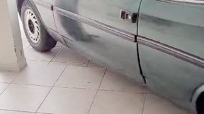 Amanda cranking the Opala to move it out of driveway